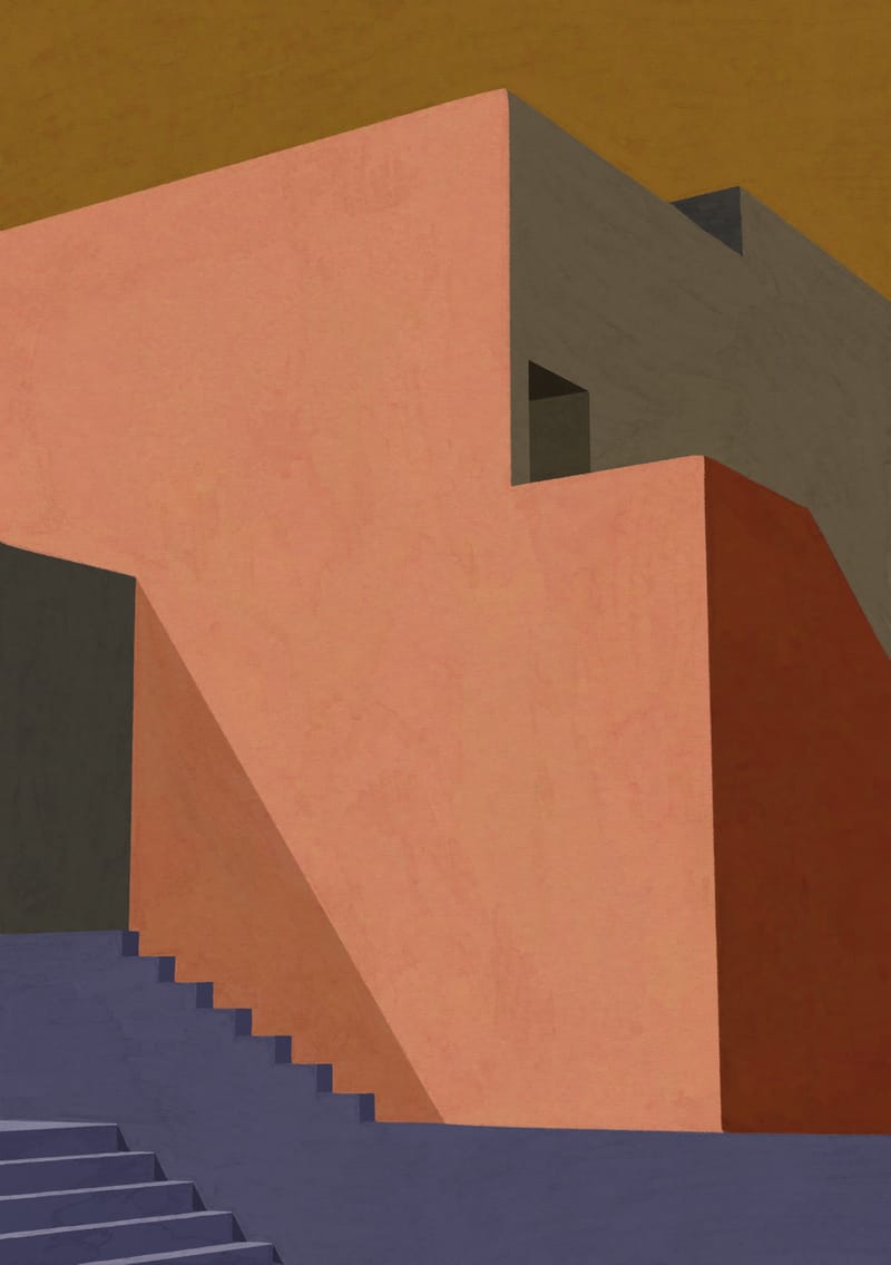 The Pink Wall Behind The Blue Staircase - Sophie Deller
