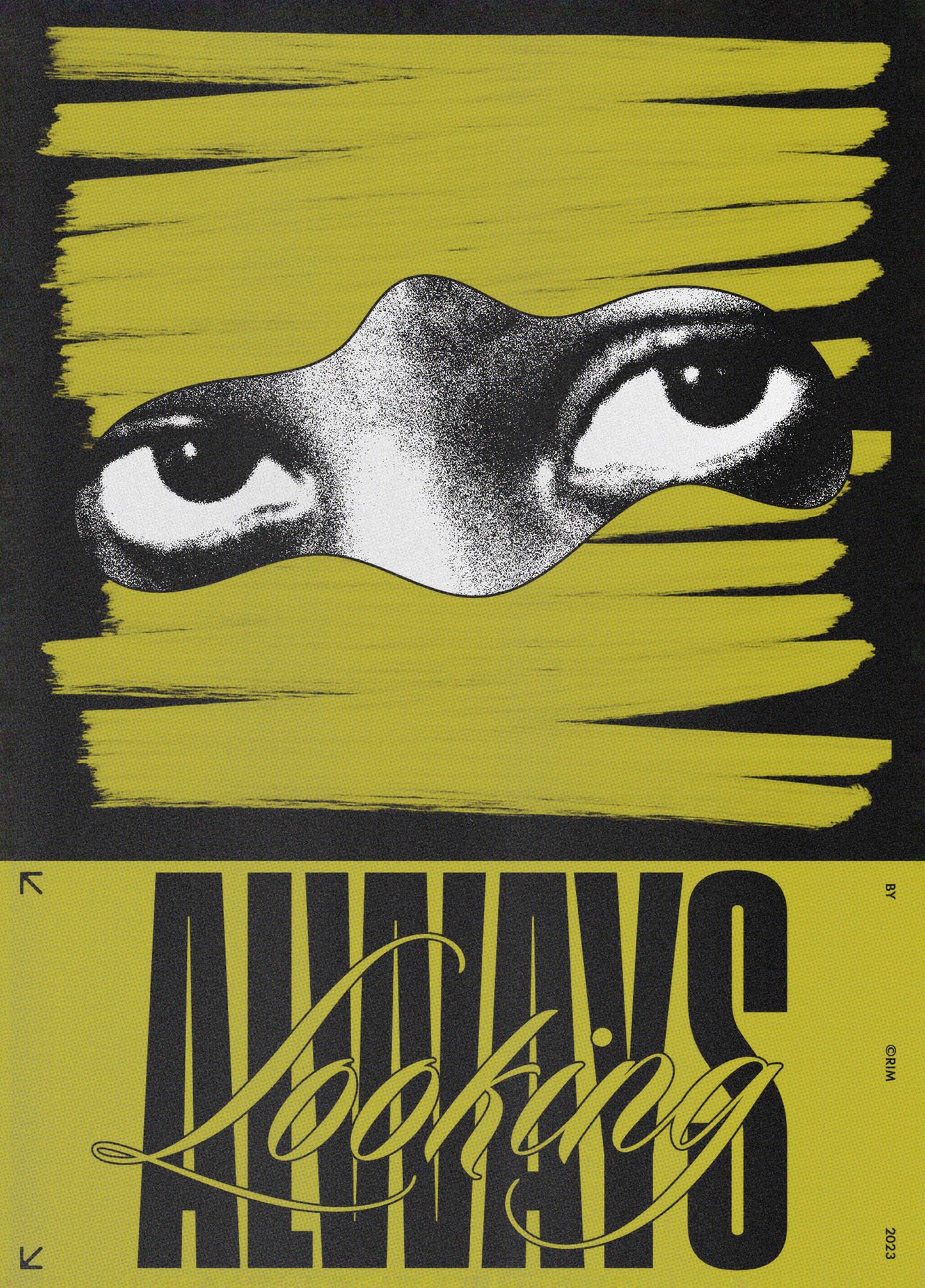 a yellow poster with a black and white image of an eye