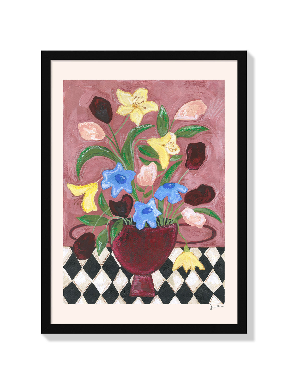 Colourful Bunch In Burgundy Vase - Frankie Penwill - Black Frame |frame=Black Frame|