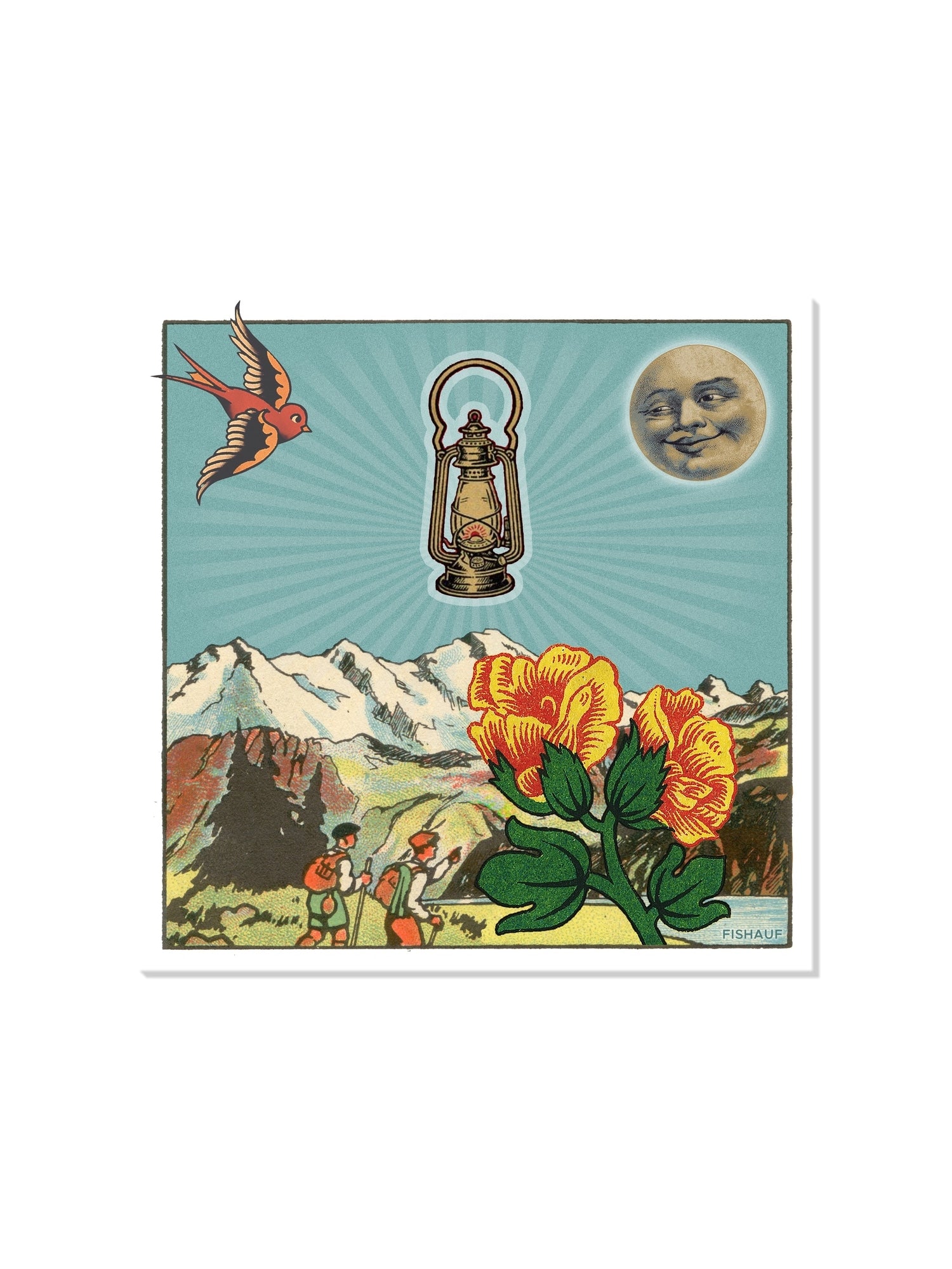 "HIKERS" fine art print by Louis Fishauf, displayed as unframed, showcasing hikers in a natural setting. |frame=Unframed|