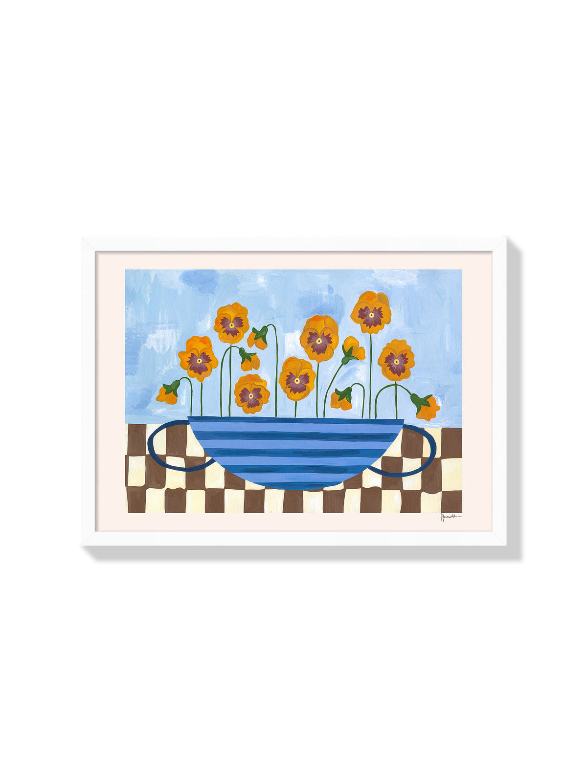 Pansies In Striped Vase - Frankie Penwill - White Frame |frame=White Frame|