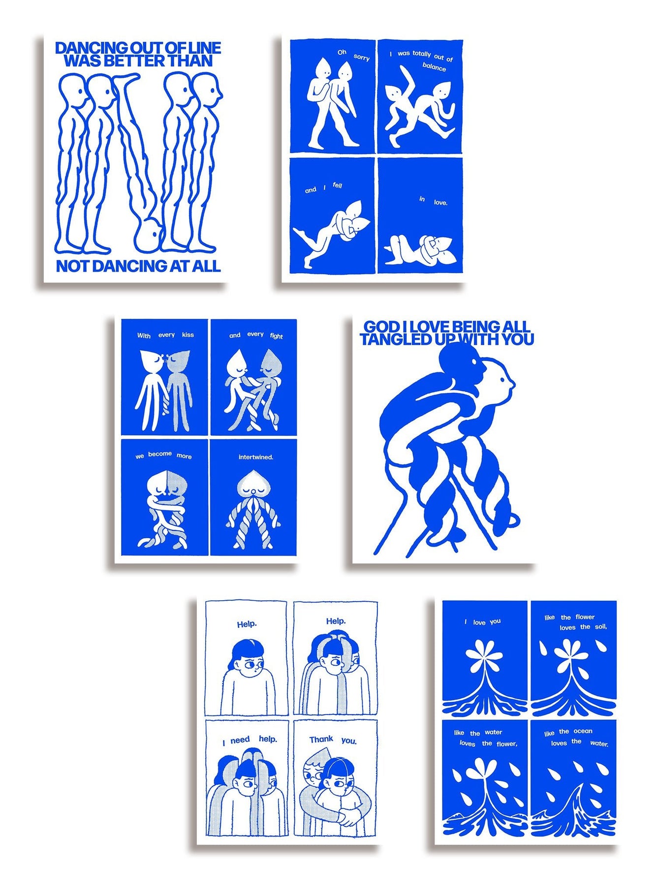 Comicblues Print Bundle featuring six blue and white abstract comic-style art prints with various figures and messages.