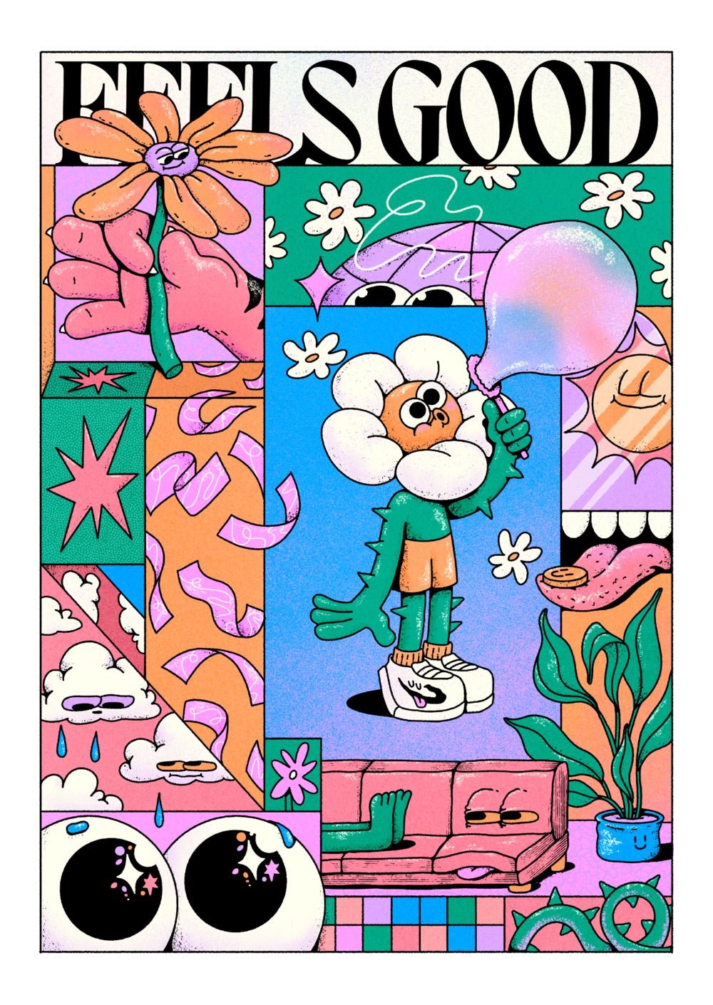 a poster of a cartoon character with flowers on it