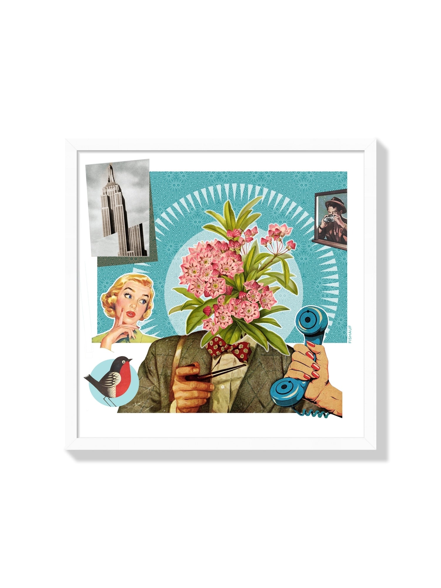 "TELEPHONE" by Louis Fishauf, fine art print in white frame, showcases abstract telephone design. |frame=White Frame|