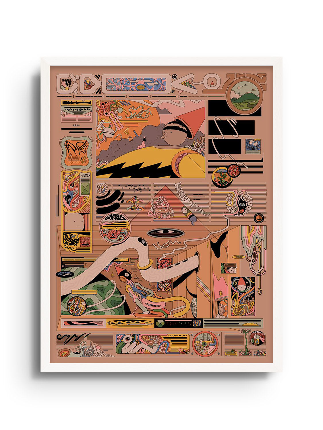 "Magazhieb" by Ori Toor, fine art print in a white frame, showcasing vibrant abstract patterns and colors