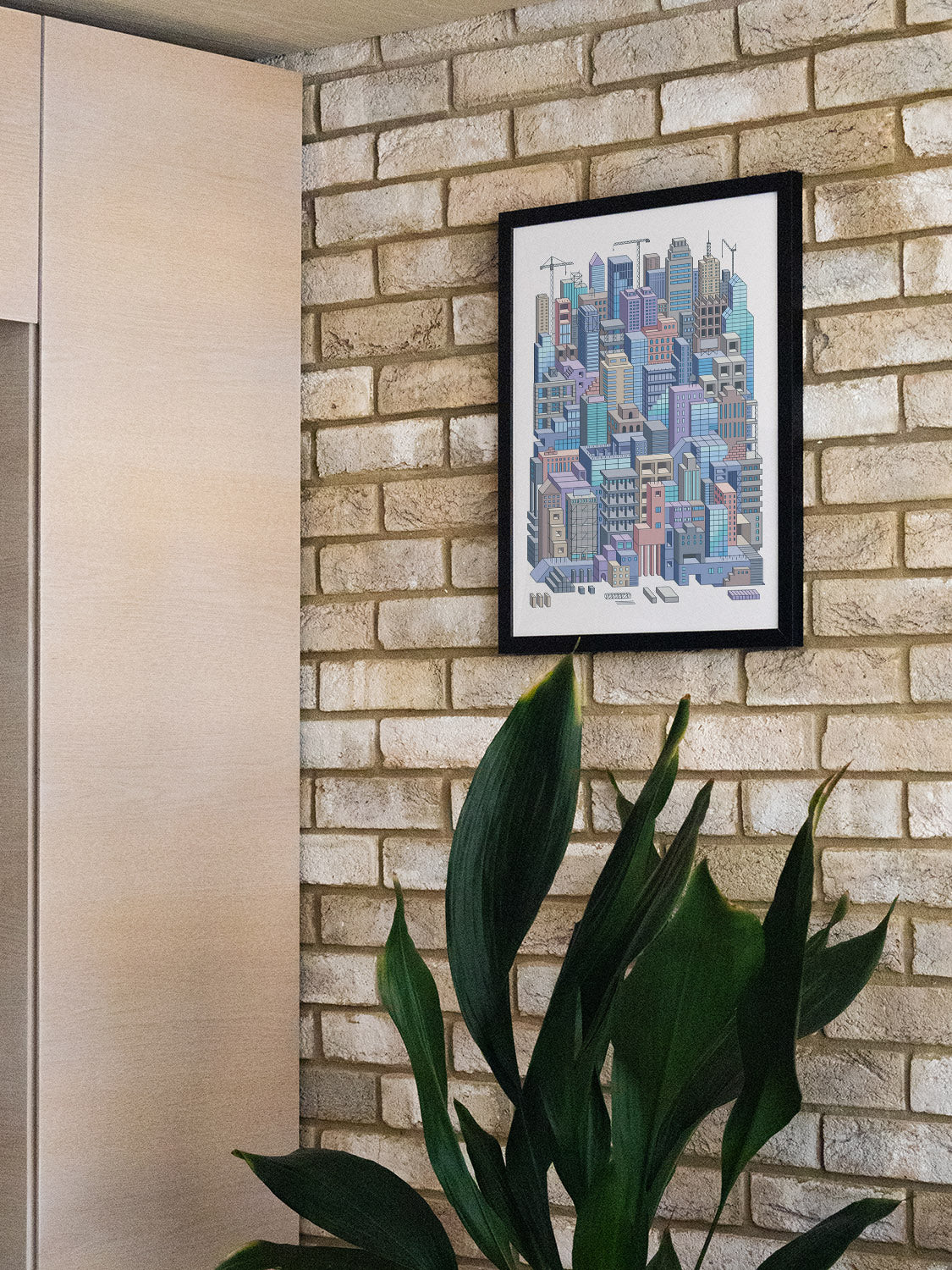 "City Builders (Daytime) by Rick Crane, fine art print in black frame, displayed in styled interior setting" |type=lifestyle|