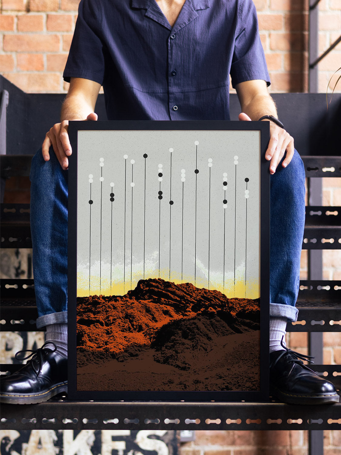 "Krš" by Dusan Lilic in black frame, displayed in styled interior; fine art print with abstract landscape elements. |type=lifestyle|