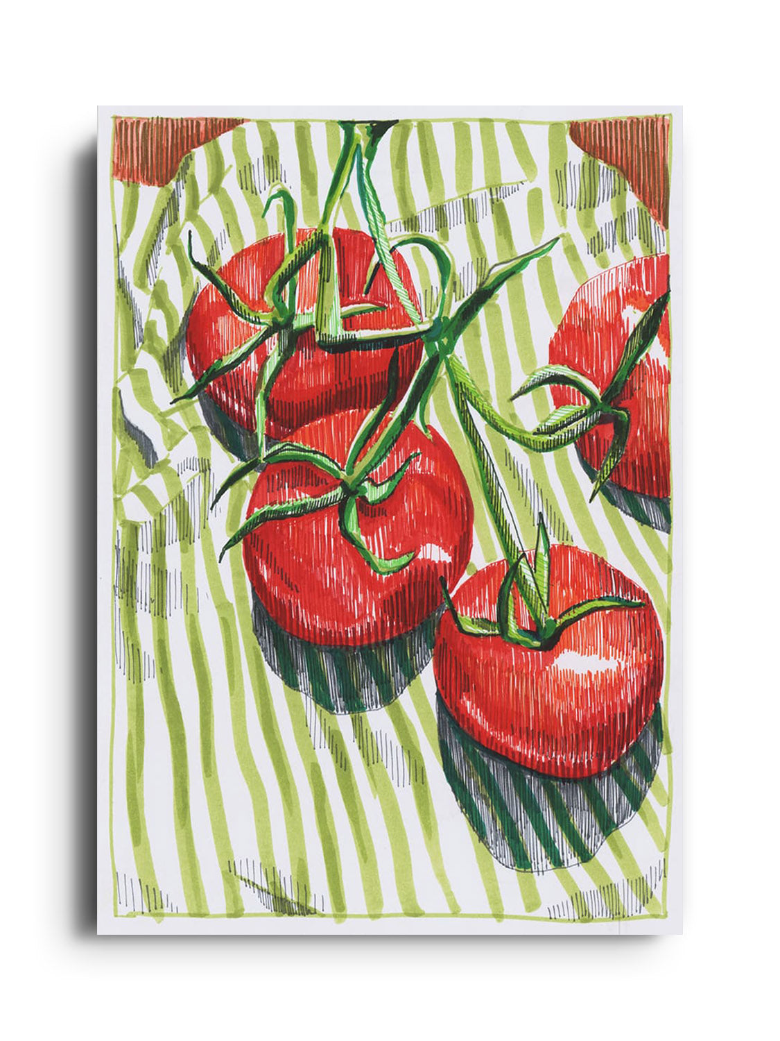 "Vine Tomatoes" by Emma Louise, fine art print, unframed, showcases vibrant vine tomatoes in detailed realism. |frame=Unframed|