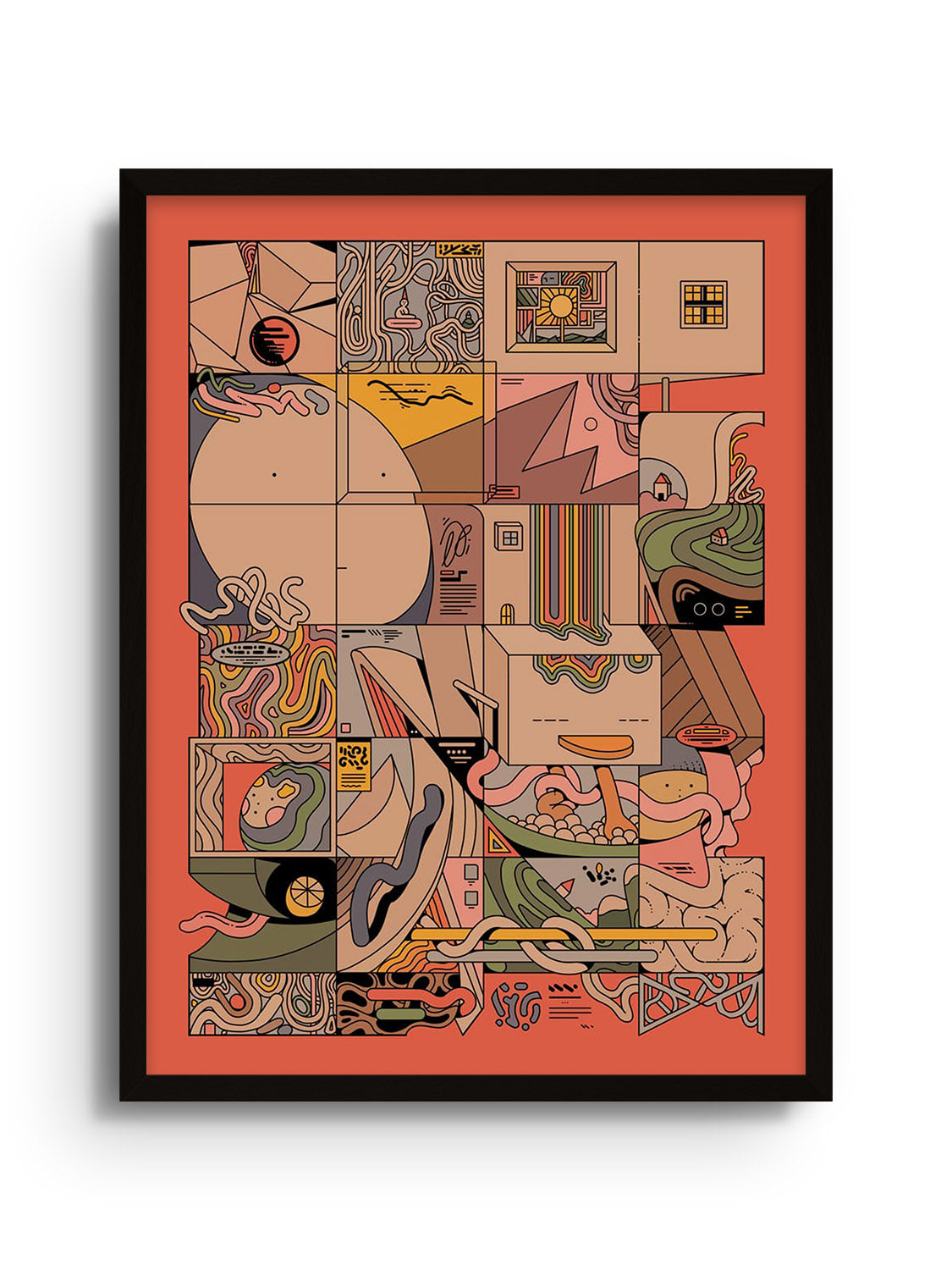 "Grido" fine art print by Ori Toor in black frame, showcasing vibrant abstract design with bold colors |frame=Black Frame|