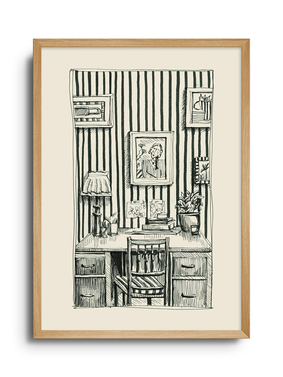 "Work From Home" fine art print by Emma Louise in Natural Frame displaying a serene work-from-home scene. |frame=Natural Frame|