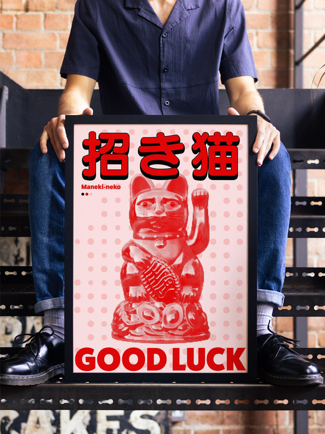 "Maneki-neko" by Fifth Layer in black frame displayed in styled interior setting |type=lifestyle|