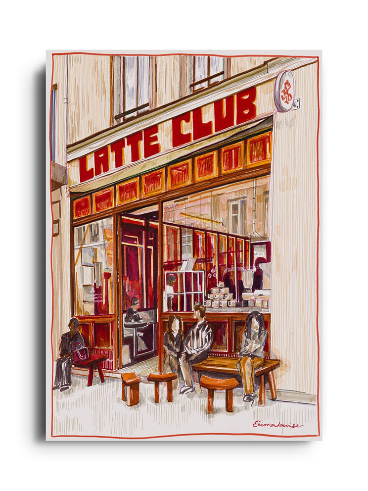 Unframed fine art print "Latte Club Paris" by Emma Louise, showcasing a vibrant scene in Paris without a frame. |frame=Unframed|