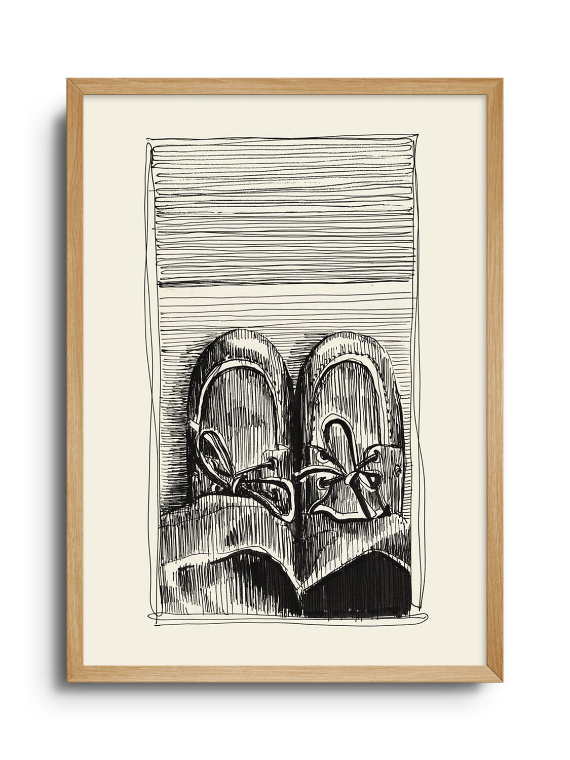 Fine art print "Shoes + Jeans" by Emma Louise in Natural Frame displaying stylized sneakers with denim accents. |frame=Natural Frame|