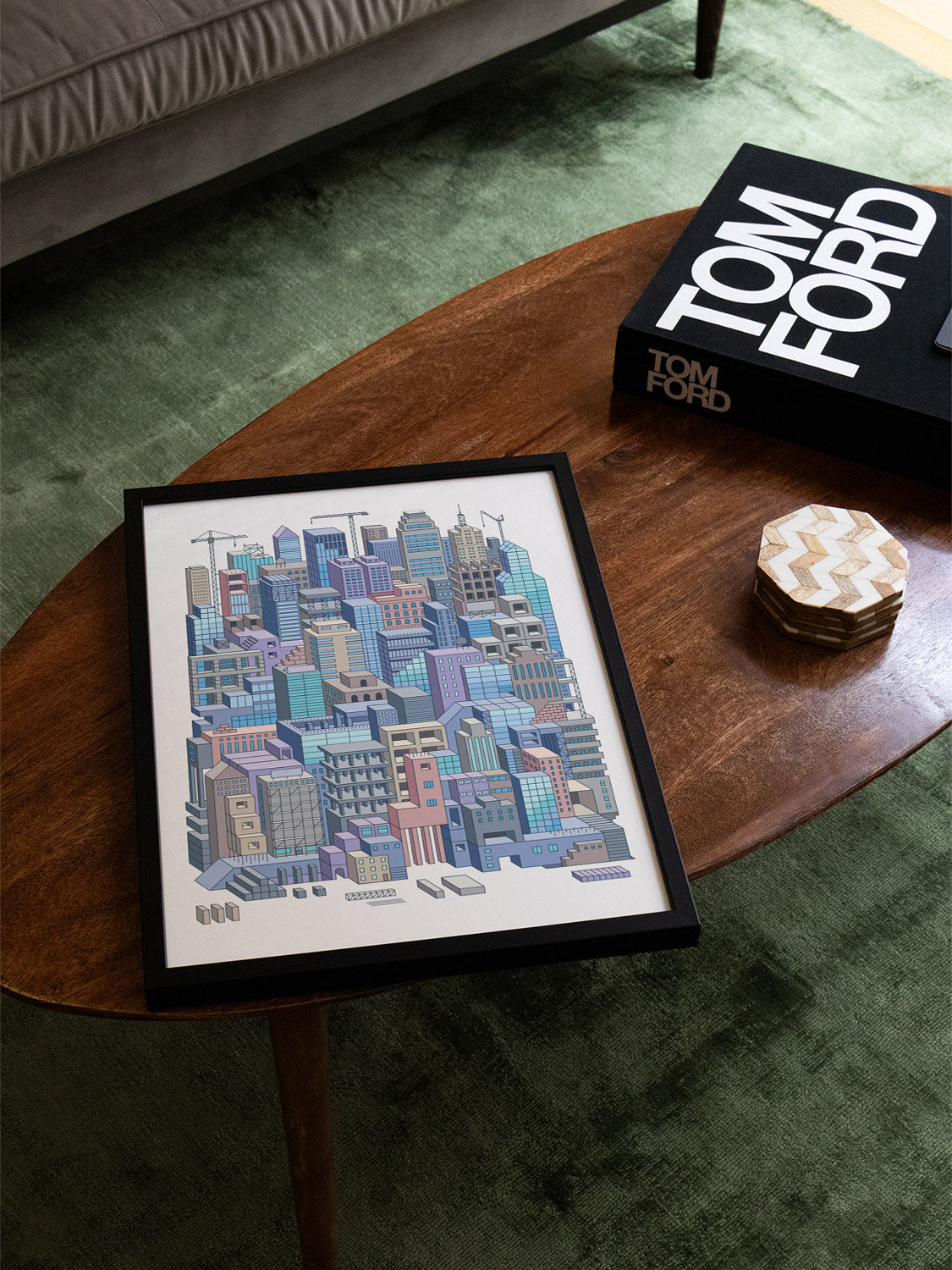 "City Builders (Daytime) by Rick Crane, fine art print in black frame displayed in stylish interior setting" |type=lifestyle|