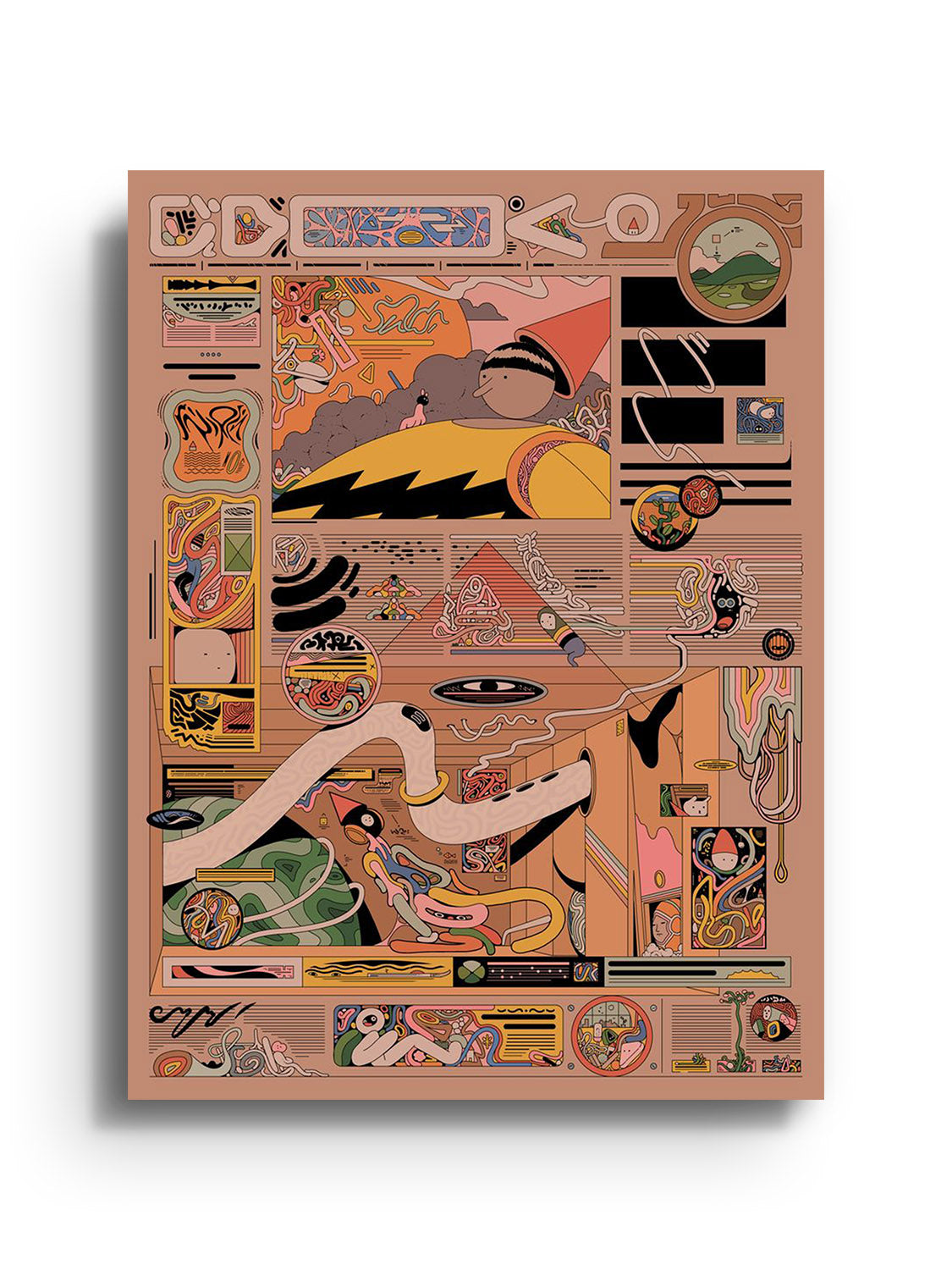 "Magazhieb" fine art print by Ori Toor displayed unframed, showcasing abstract designs and vibrant colors.