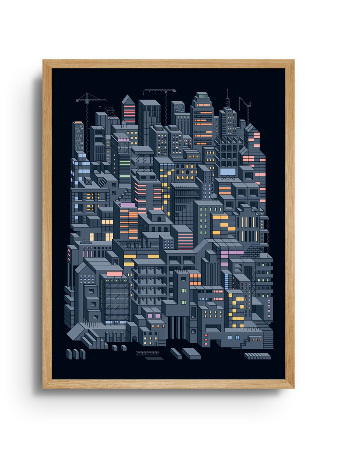 Fine art print "City Builders (Nighttime)" by Rick Crane in Natural Frame. |frame=Natural Frame|