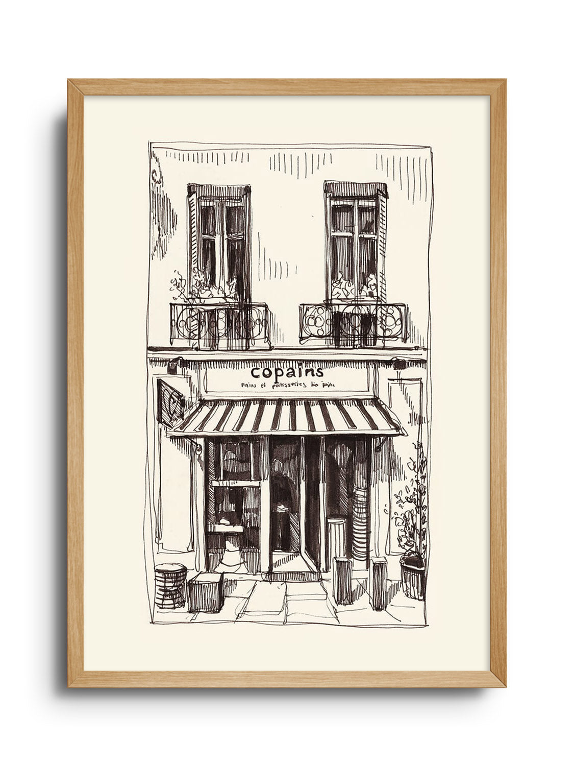 Fine art print "Copains" by Emma Louise in a Natural Frame, showcasing abstract figures with bold colors. |frame=Natural Frame|