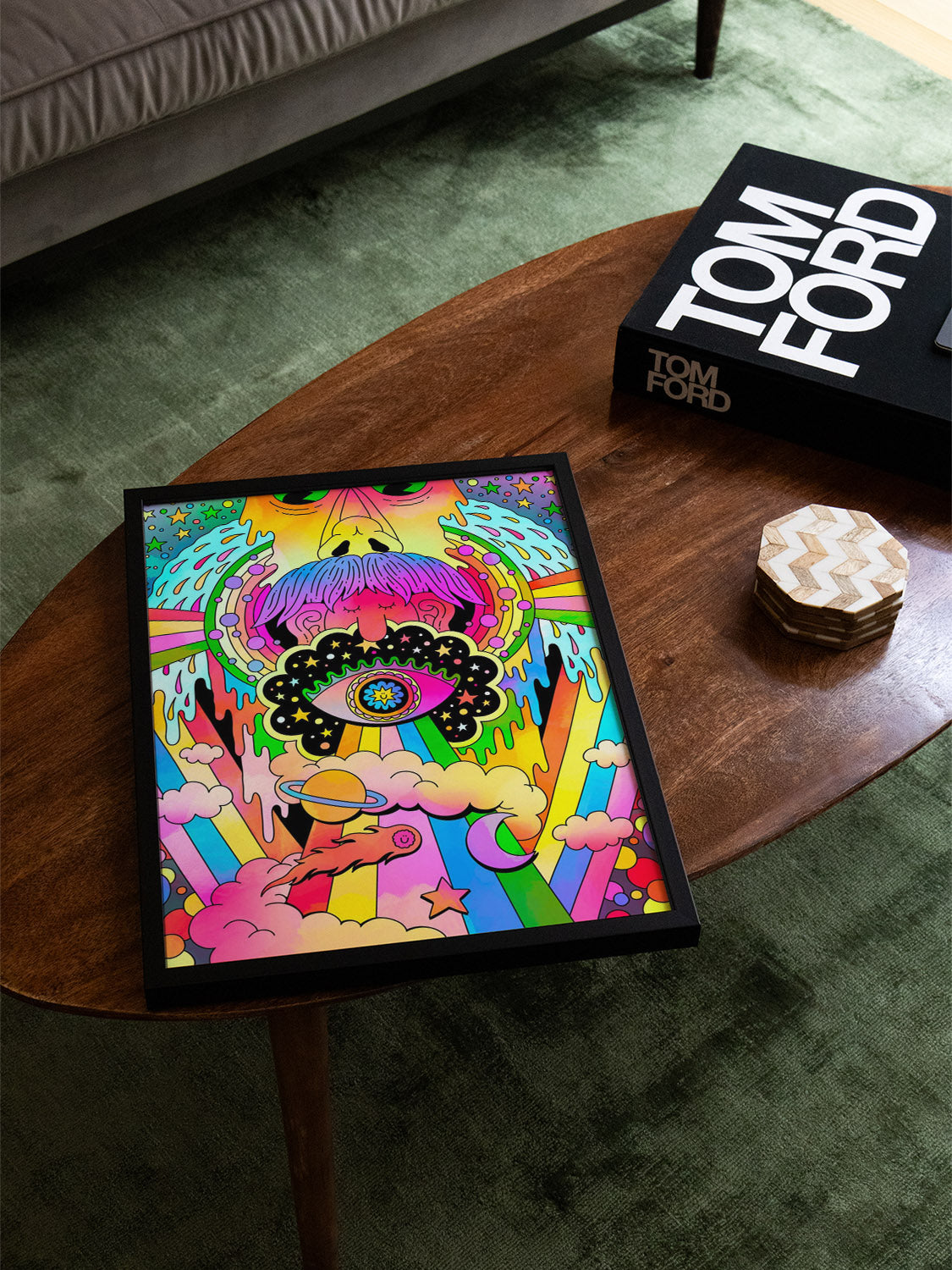 "Cosmic Cogitation" art by James Carey in black frame displayed in a styled interior setting. |type=lifestyle|