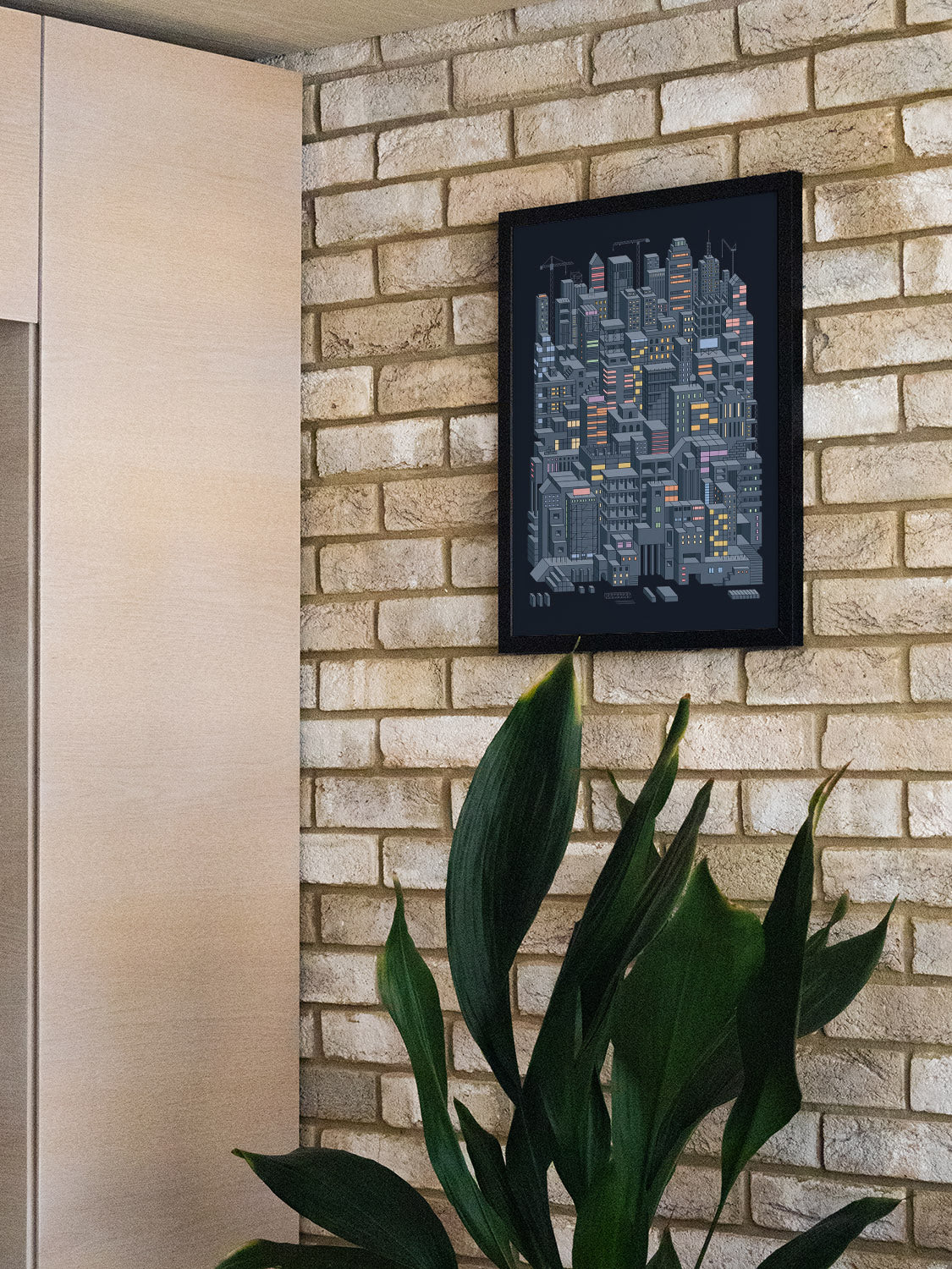 "City Builders (Nighttime)" by Rick Crane, fine art print in white frame displayed in styled interior setting. |type=lifestyle|