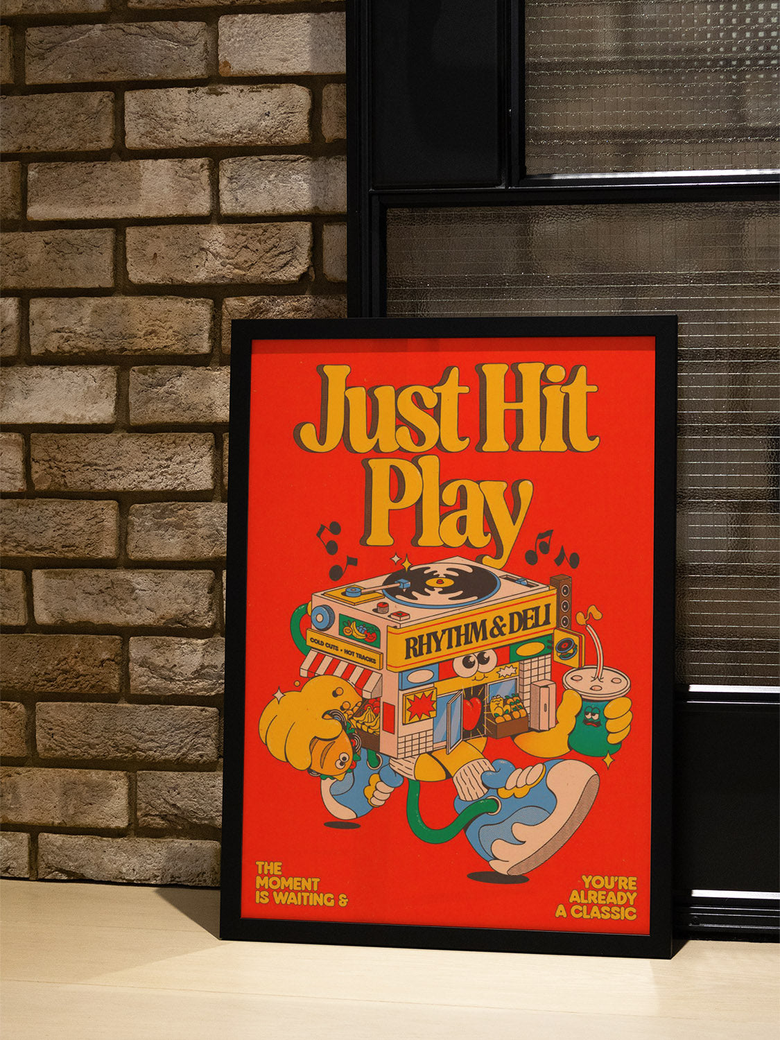 "Just Hit Play by My Sunbeam, framed fine art print in white frame displayed in styled interior setting" |type=lifestyle|