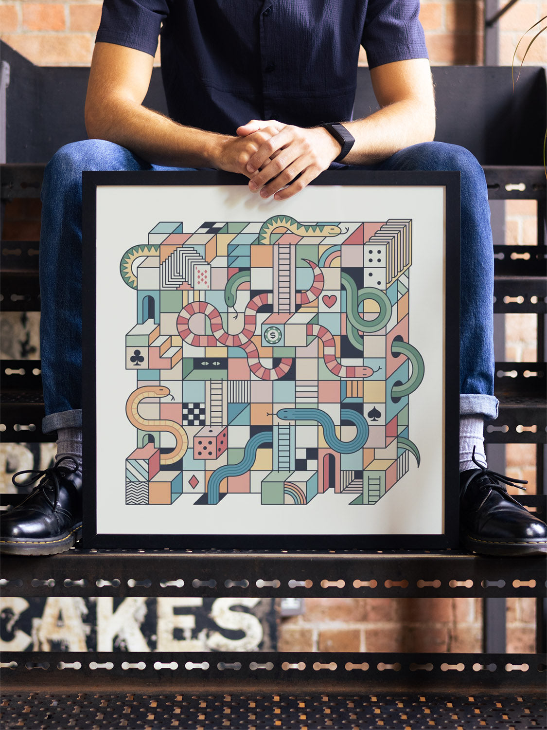 Fine art print "Mental Block 12" by Rick Crane in black frame displayed in styled interior setting. |type=lifestyle|
