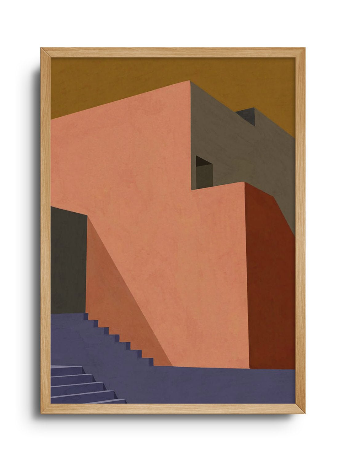 "The Pink Wall Behind The Blue Staircase" by Sophie Deller in Natural Frame, fine art print display. |frame=Natural Frame|
