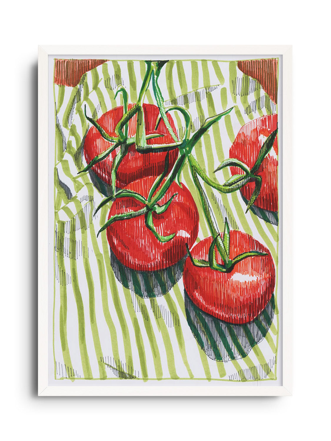 "Vine Tomatoes" fine art print by Emma Louise in white frame displaying vibrant red tomatoes against a natural background. |frame=White Frame|