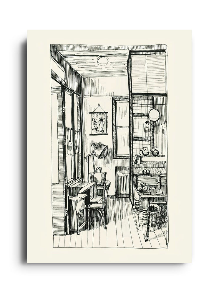 Fine art print "Interiors" by Emma Louise, unframed, showcasing an abstract portrayal of a serene living space. |frame=Unframed|