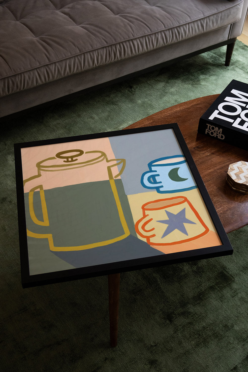 "Moon & Stars Coffee" by Sophia Sky displayed in a modern interior, framed in black. |type=lifestyle|