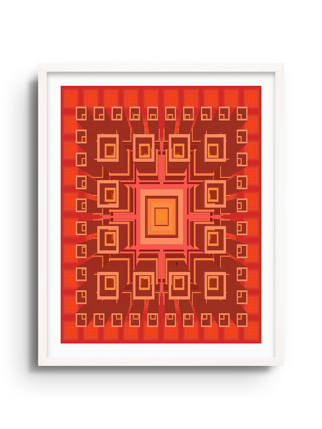 "Built Around" by Michael Strevens, fine art print displayed in a white frame.