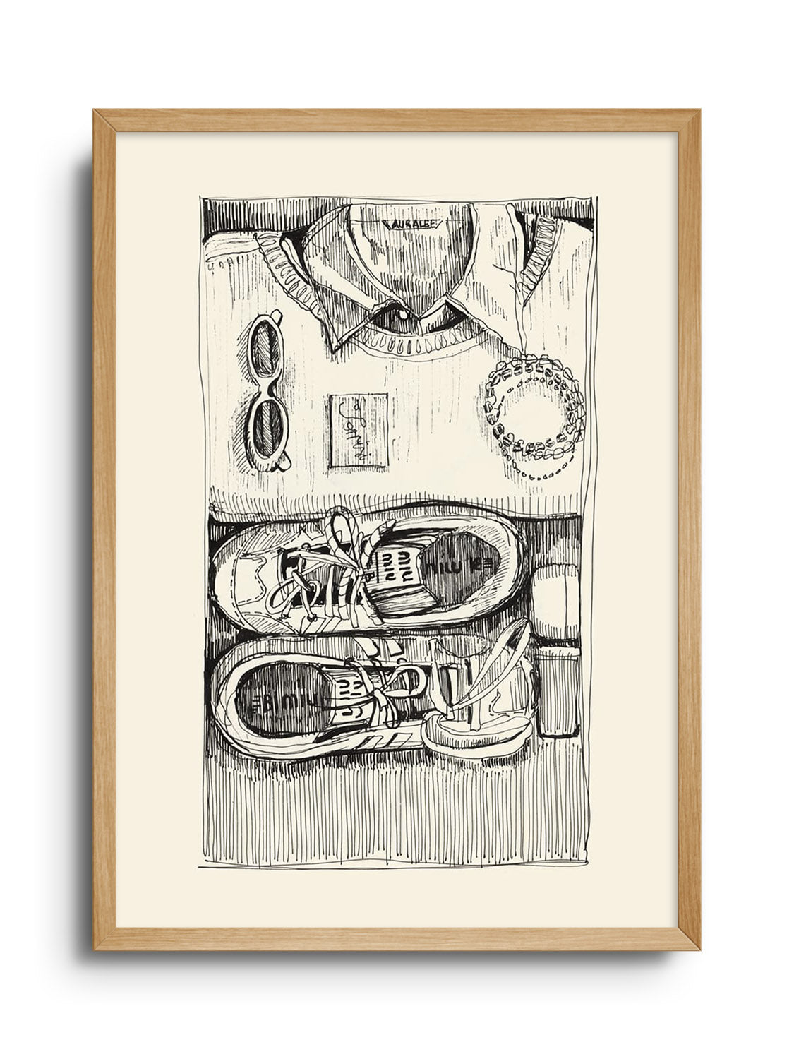 Fine art print "Daily Flat Lays" by Emma Louise displayed in a natural frame. |frame=Natural Frame|