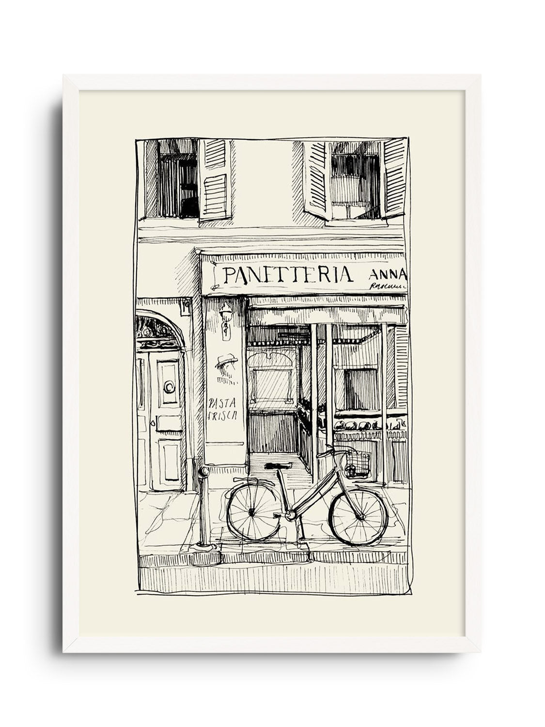 "Panetteria" fine art print by Emma Louise displayed in a white frame, showcasing its elegant bakery-themed design. |frame=White Frame|