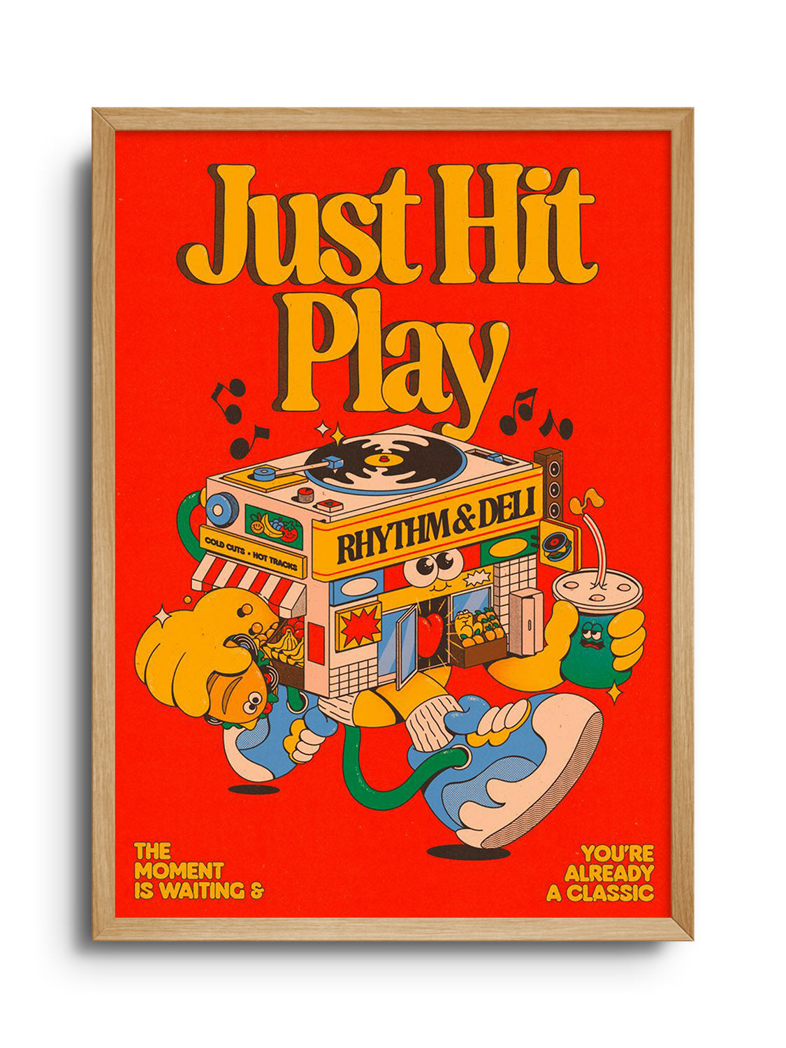 "Just Hit Play" by My Sunbeam, fine art print in Natural Frame; vibrant music-themed artwork. |frame=Natural Frame|