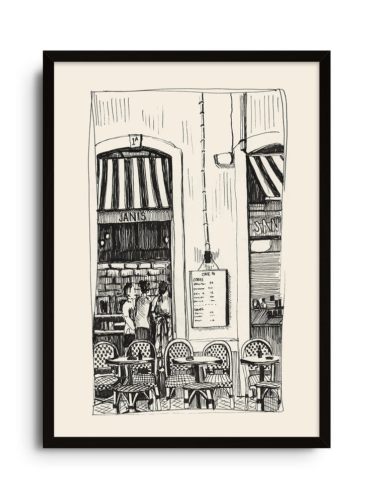 Fine art print "Cafe Janis" by Emma Louise displayed in black frame. |frame=Black Frame|