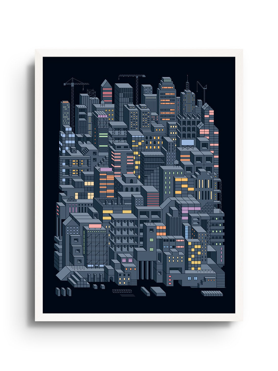 "City Builders (Nighttime)" by Rick Crane, fine art print in white frame, depicting urban construction scene at night. |frame=White Frame|