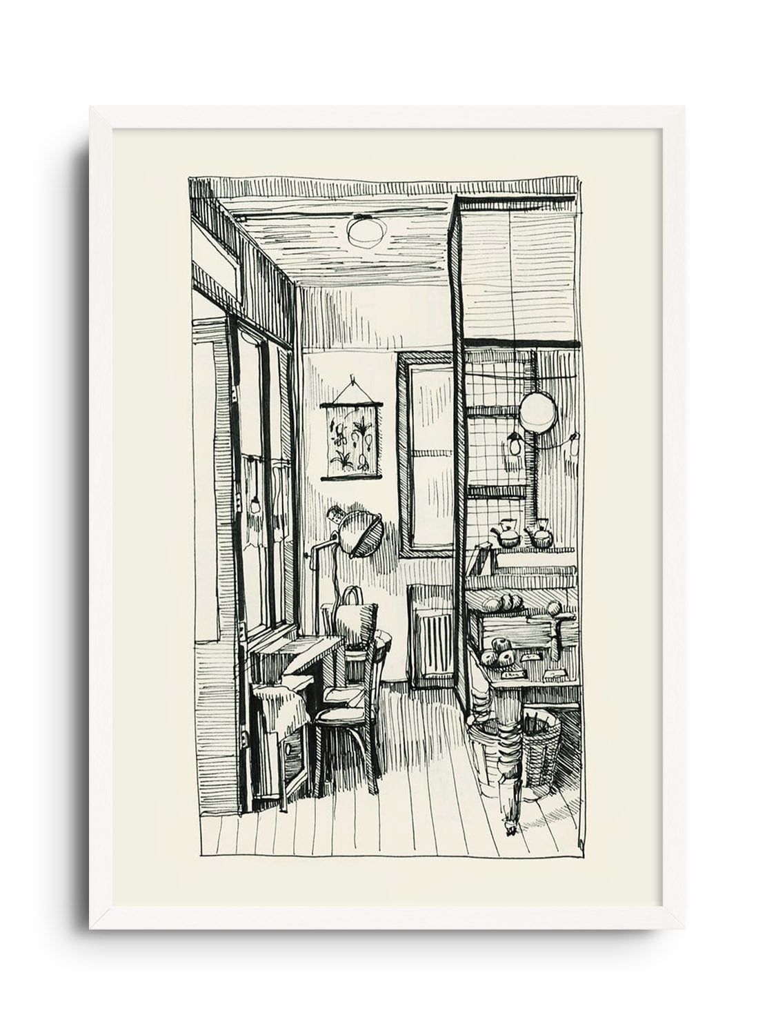 Fine art print "Interiors" by Emma Louise in white frame, showcasing detailed interior scenes and modern aesthetics. |frame=White Frame|