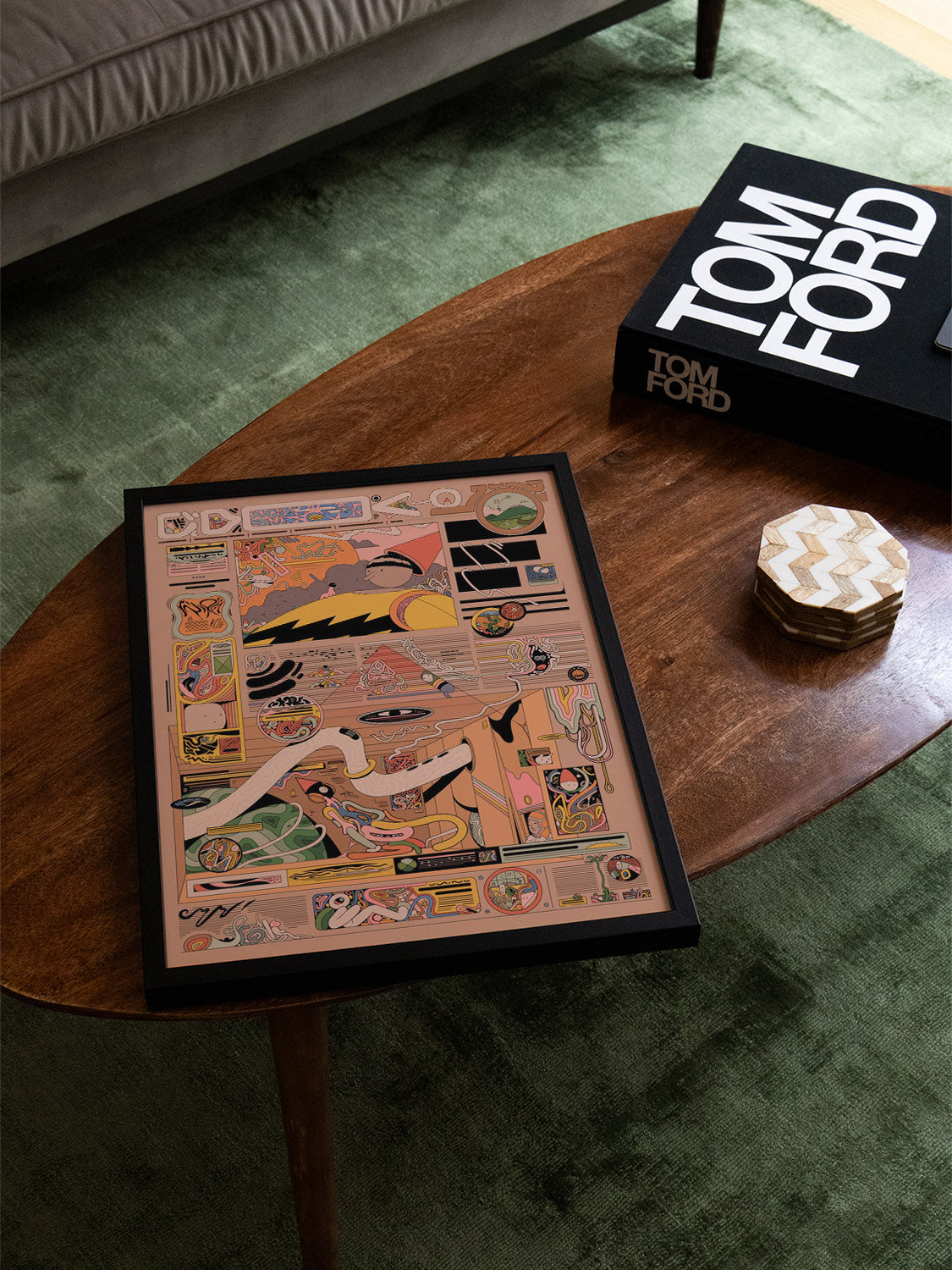 "Magazhieb" by Ori Toor, fine art print in black frame, displayed in a modern interior setting.