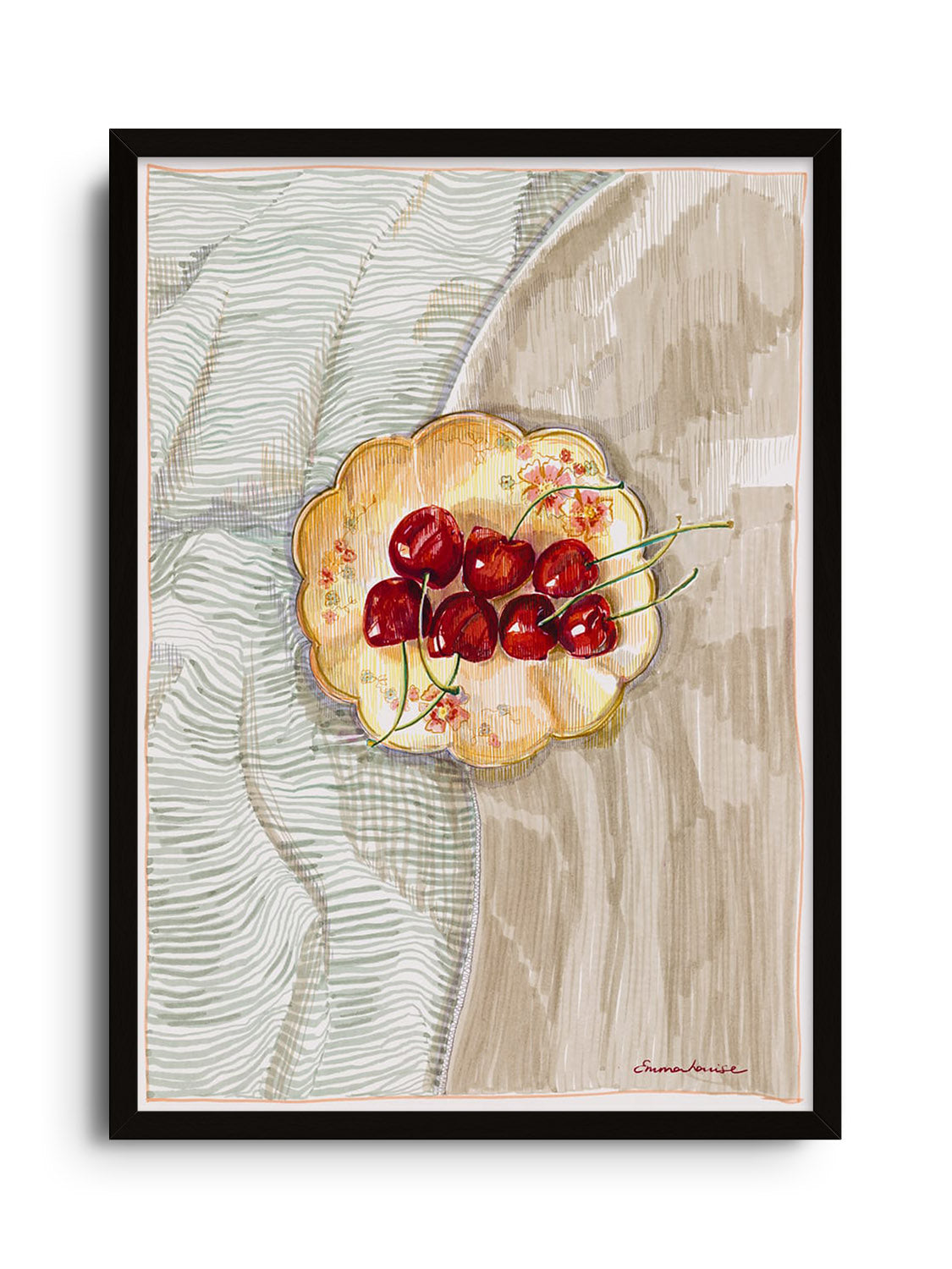 "Cherries" fine art print by Emma Louise, displayed in black frame. |frame=Black Frame|