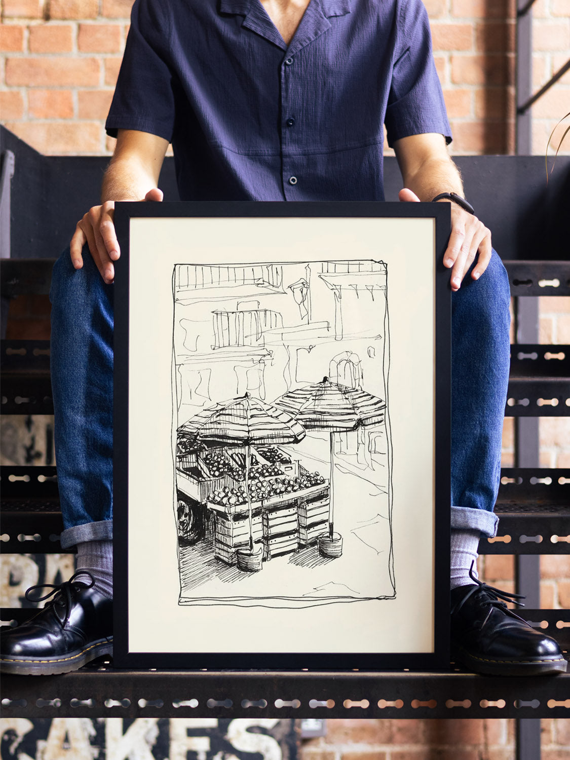 "Fruit Stands" by Emma Louise shown in a lifestyle setting, fine art print in white frame. |type=lifestyle|