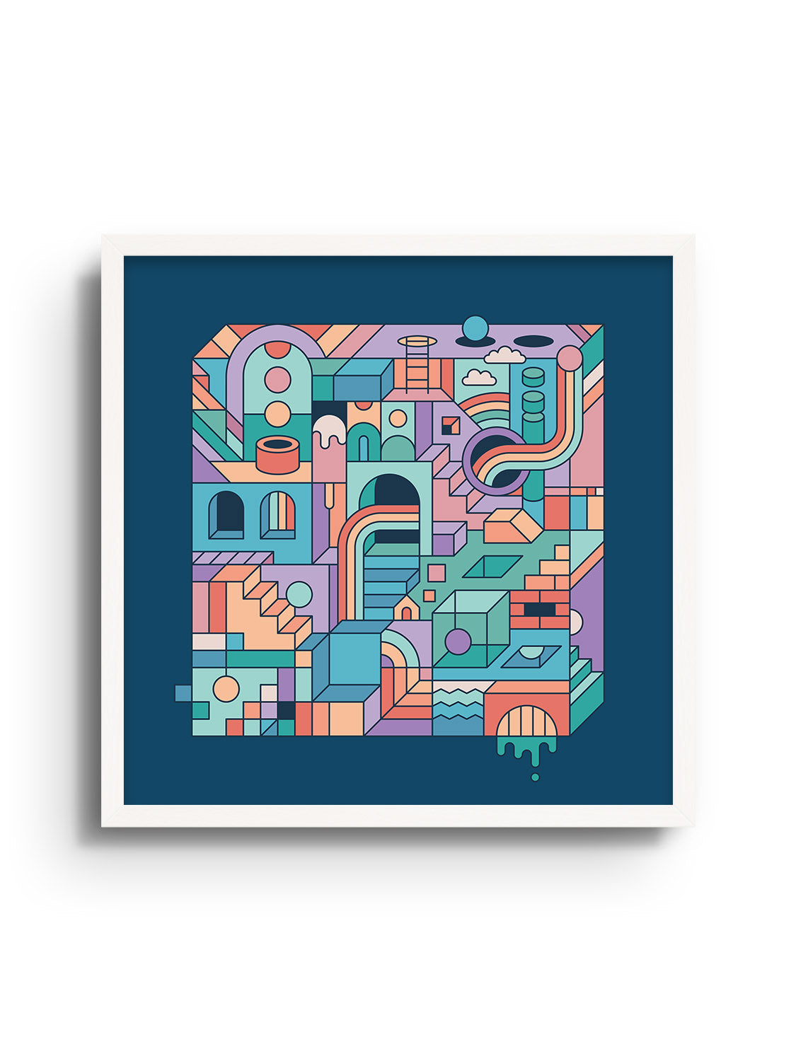 "Mental Block 1" fine art print by Rick Crane in white frame, showcases abstract geometric design. |frame=White Frame|