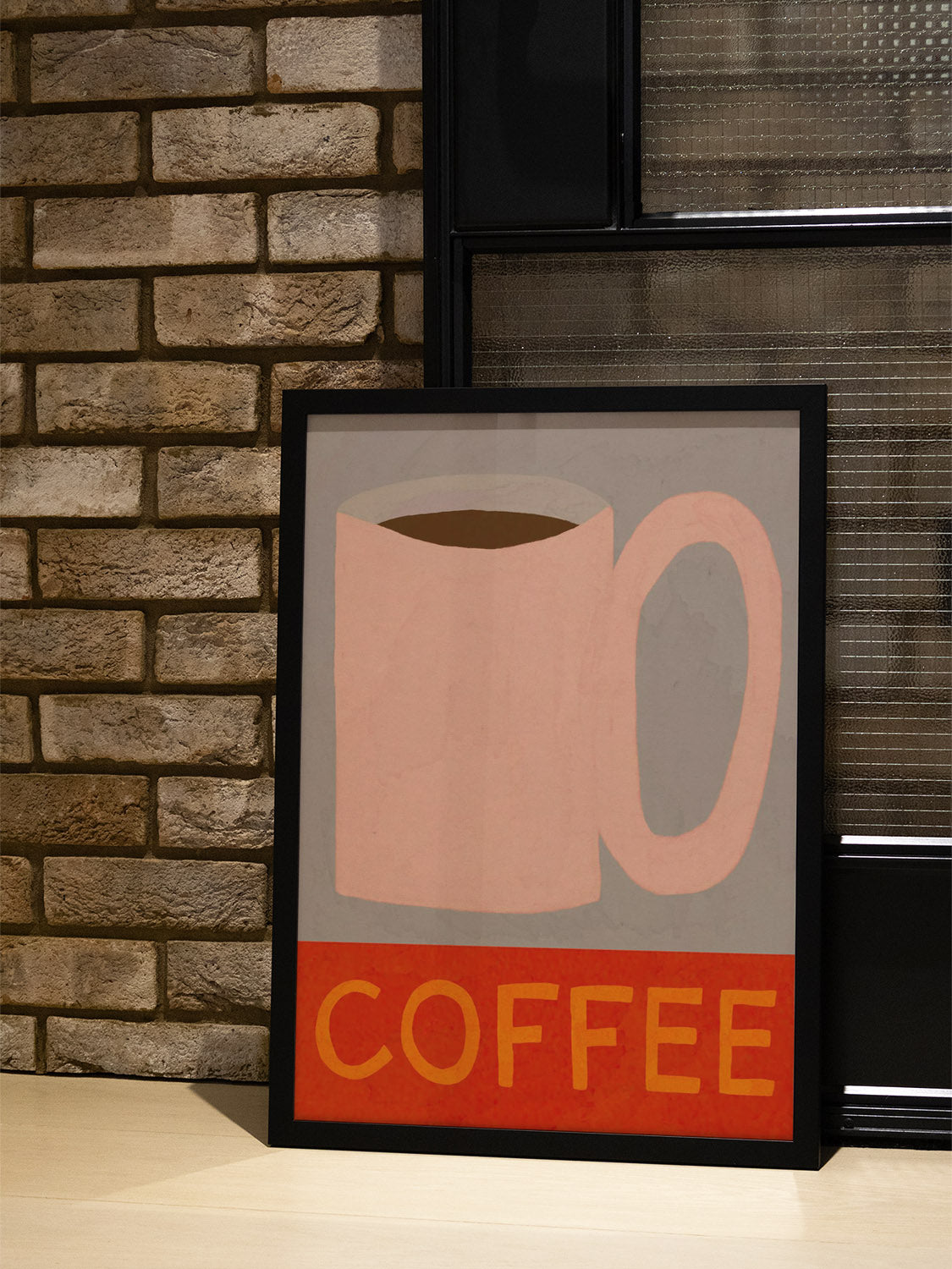 "Coffee" by Sophie Deller in black frame, displayed in styled interior, fine art print showcasing warm tones |type=lifestyle|