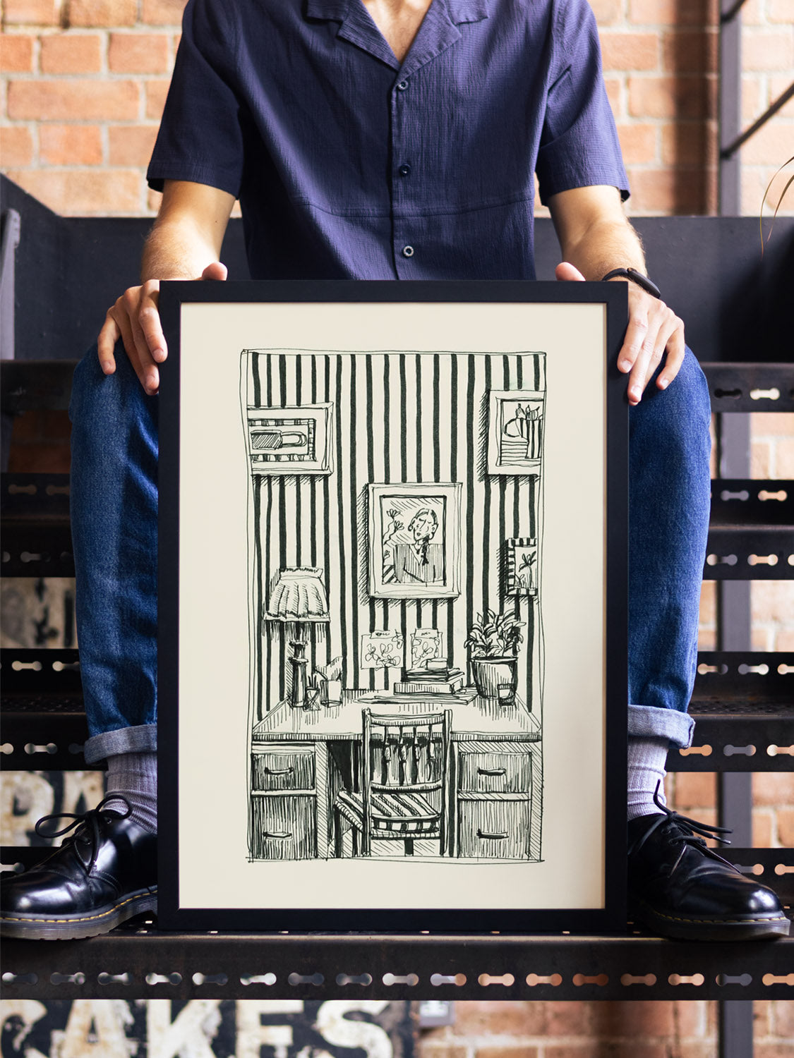 "Work From Home" by Emma Louise in black frame, fine art print in styled interior setting. |type=lifestyle|