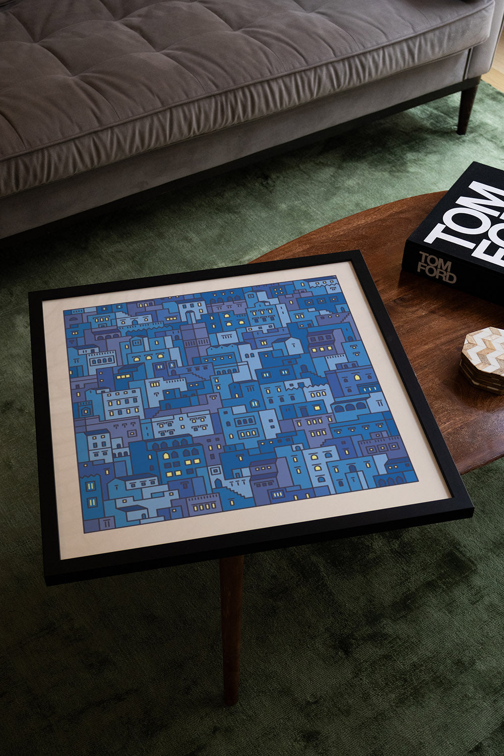 "Settlements 04 – Chefchaouen, Morocco by Rick Crane in white frame, displayed in styled interior setting" |type=lifestyle|