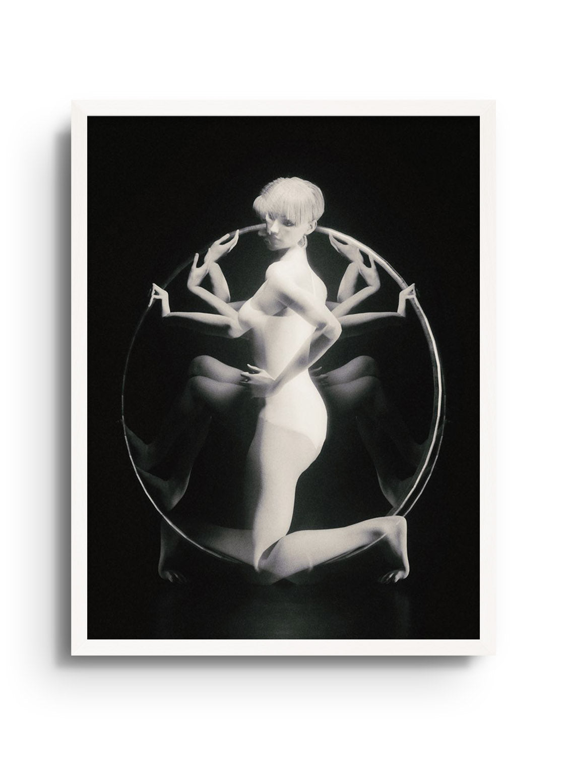 "Dancer in the Dark" by Denisa Rahma fine art print in white frame, highlighting elegant dancer silhouette and shadow cont...