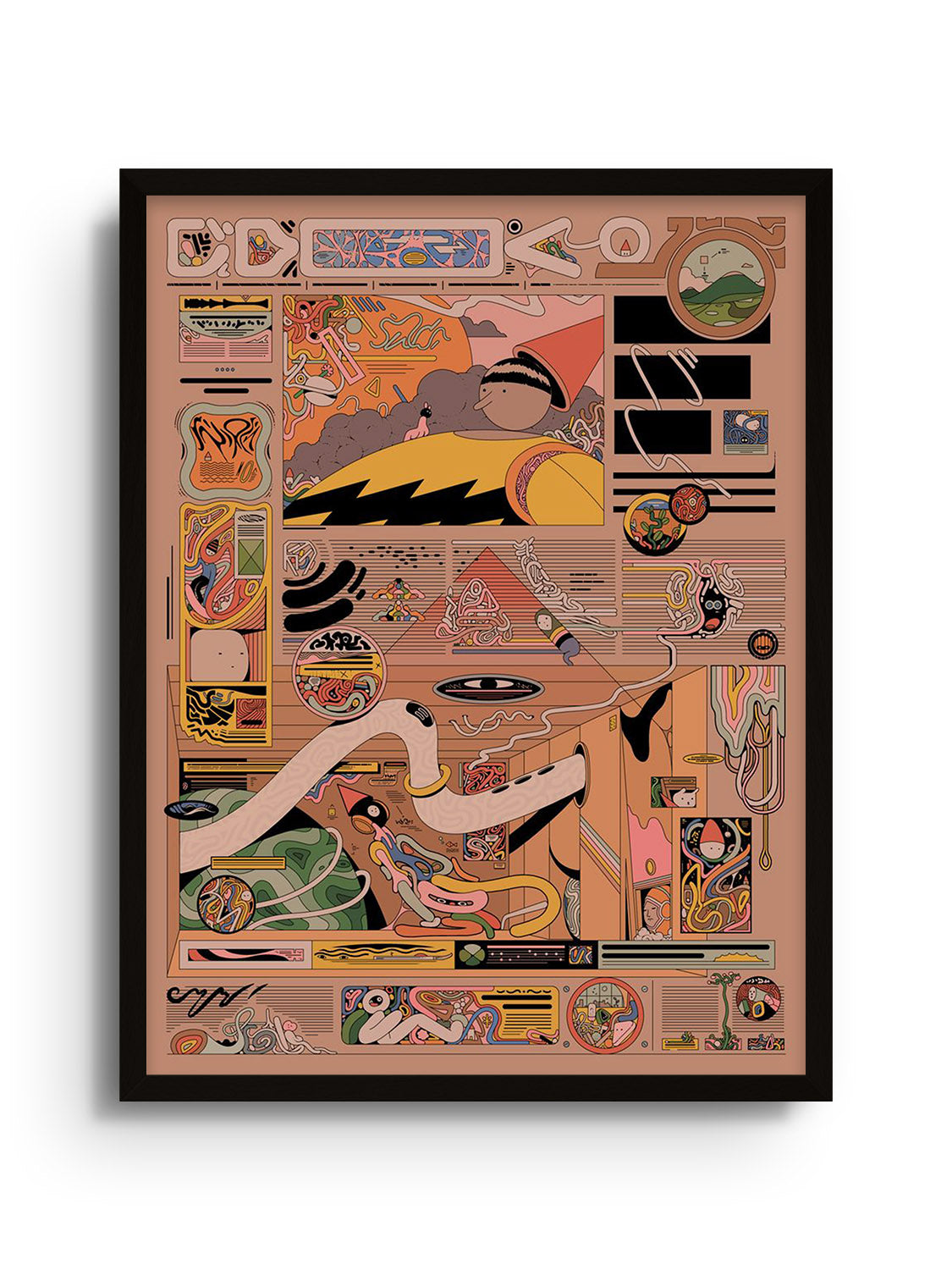 "Magazhieb" fine art print by Ori Toor in black frame, showcasing abstract composition and vivid colors.