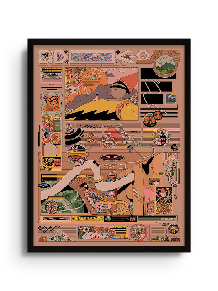 "Magazhieb" fine art print by Ori Toor in black frame, showcasing abstract composition and vivid colors.