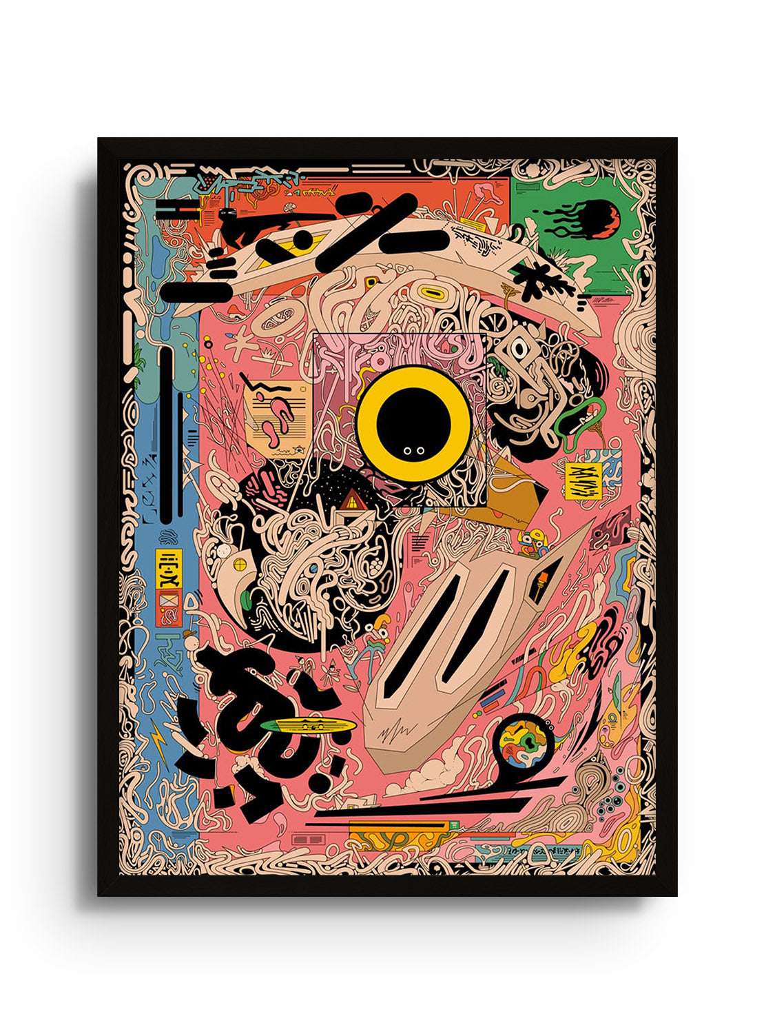 Fine art print "Wallbends" by Ori Toor in black frame, abstract design, colorful lines and geometric shapes. |frame=Black Frame|