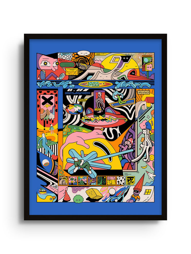 Fine art print "Yuptkd" by Ori Toor in Black Frame, showcasing abstract design with dynamic patterns and vibrant colors. |frame=Black Frame|