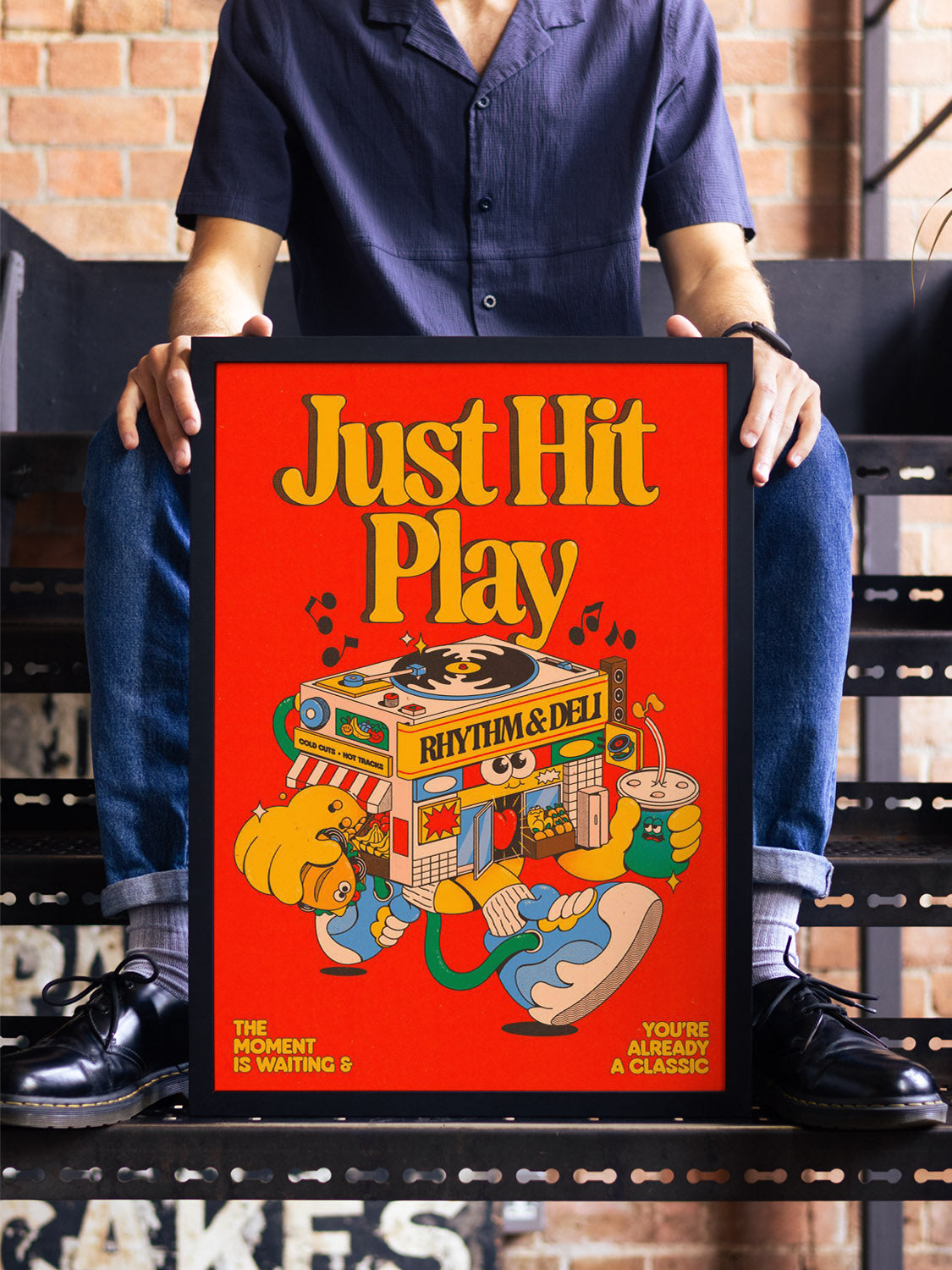 "Just Hit Play" by My Sunbeam, fine art print in black frame, displayed in a styled room interior. |type=lifestyle|