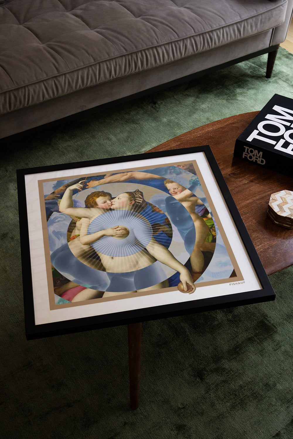 "THE KISS by Louis Fishauf in black frame displayed in styled interior setting." |type=lifestyle|